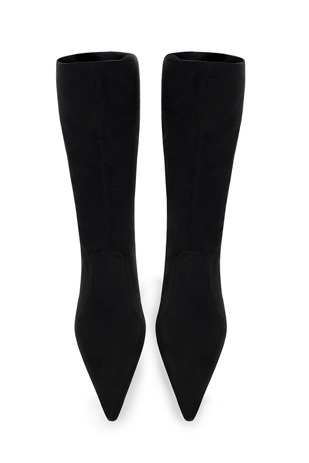 Matt black women's mid-calf boots. Pointed toe. Very high slim heel. Made to measure. Top view - Florence KOOIJMAN